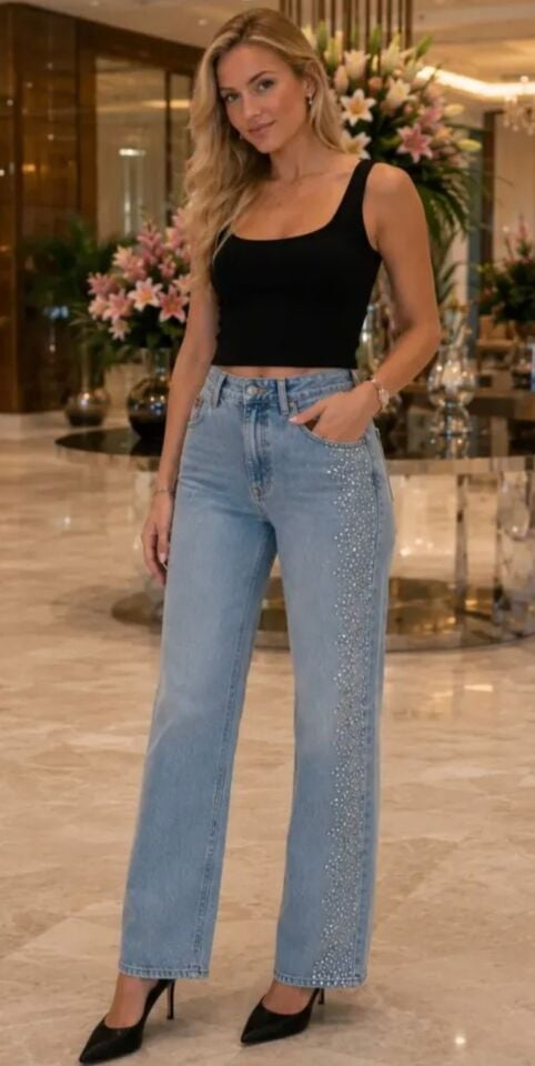 TAŞLI KOT PANTOLON  PALAZZO 7000